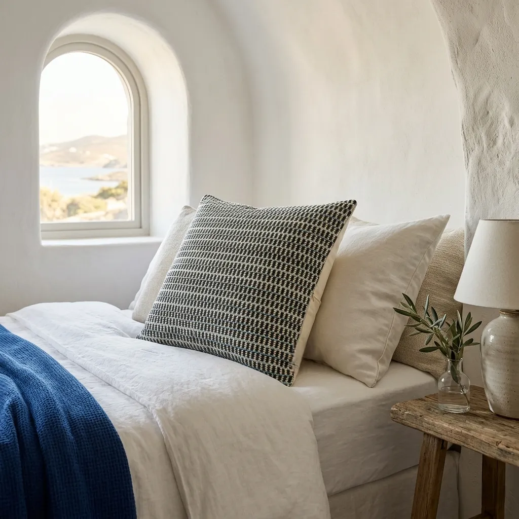 Nilo Blau Creme handgemachter Kissenbezug ca. 40x40 cm ohne Füllung | Elly Living Handgemachter Kissenbezug Nilo Blau Creme von Elly Living mit feinem grafischem Muster auf weißem Hintergrund