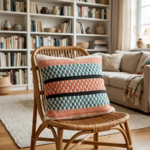 Handgemachter Kissenbezug Naya Blau Orange Creme von Elly Living mit Wollanteil und modernem Muster auf Rattanstuhl
