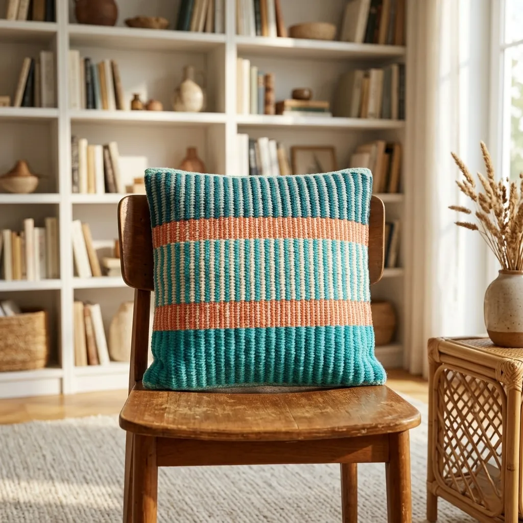 Talia Türkis Apricot Creme handgemachter Kissenbezug mit Wollanteil ca. 41x35 cm ohne Füllung | Elly Living Handgemachter Kissenbezug Talia Türkis Apricot Creme von Elly Living mit Wollanteil und modernem Streifenmuster auf Holzstuhl