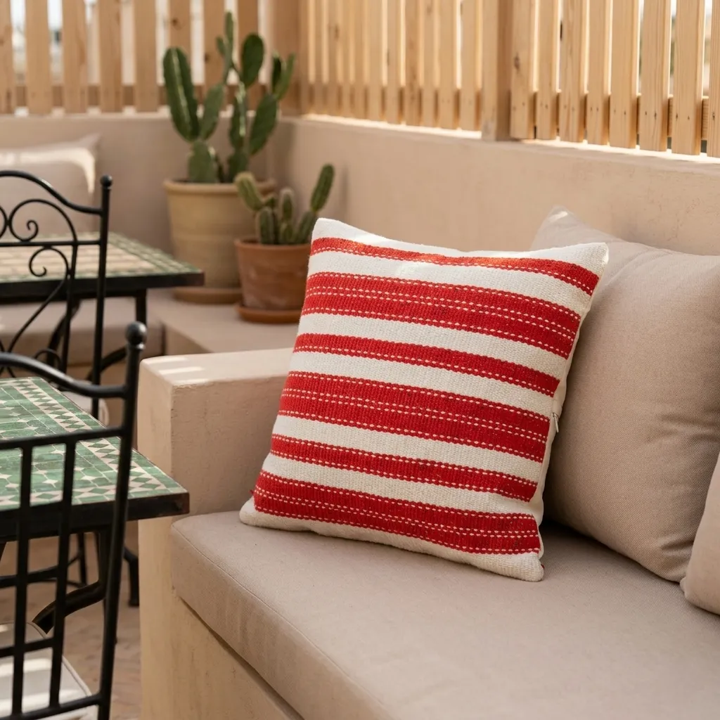 Raya Koralle Creme handgemachter Kissenbezug ca. 40x40 cm ohne Füllung | Elly Living Handgemachter Kissenbezug Raya Koralle Creme von Elly Living mit Streifenmuster auf weißem