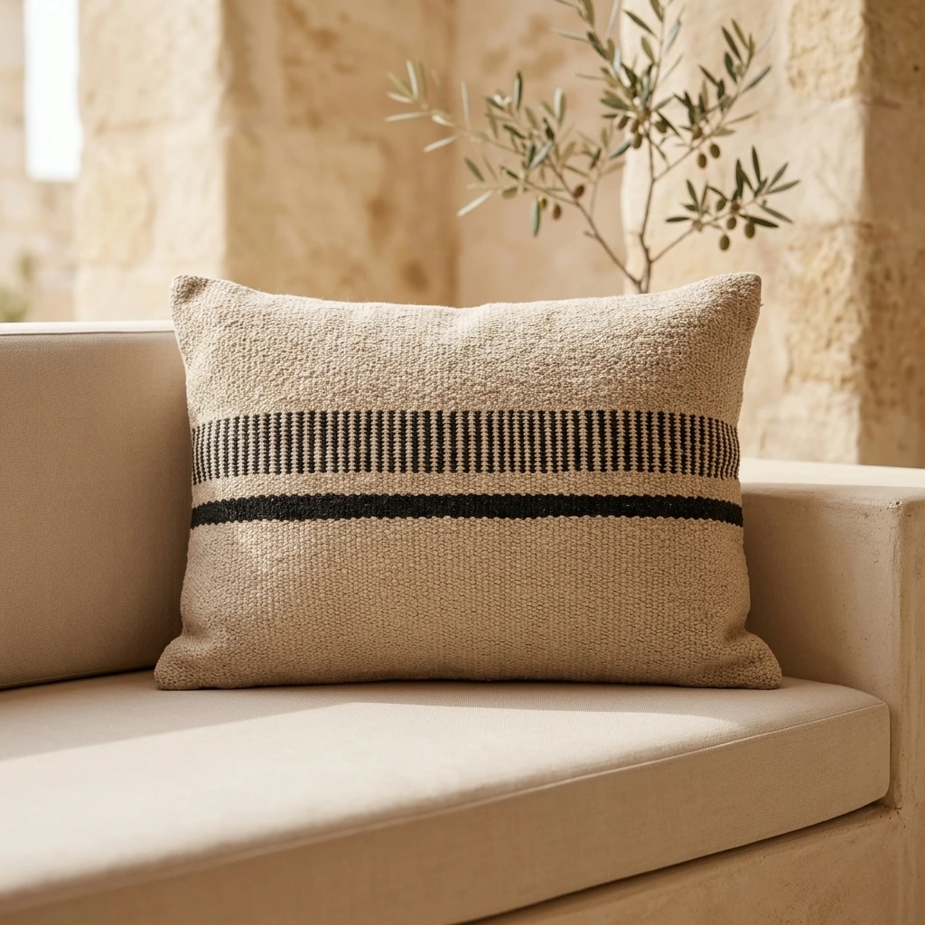 Duo handgemachter Kissenbezug Beige Schwarz ca. 50x30 cm ohne Füllung | Elly Living Handgemachter Duo Kissenbezug Beige Schwarz von Elly Living mit zwei schwarzen Streifen auf weißem Hintergrund