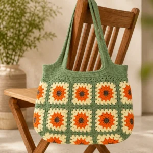 verda salbeigrün orange creme – handgemachte häkeltasche