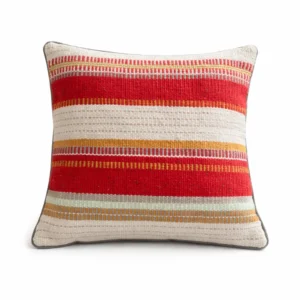 Handgemachter Kissenbezug Sira Rot Creme Senfgelb von Elly Living mit buntem Streifenmuster und strukturierter Oberfläche