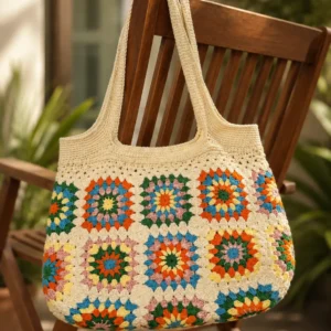 Handgemachte Häkeltasche Lunara Creme Bunt von Elly Living mit buntem Granny-Square-Muster auf Holzstuhl