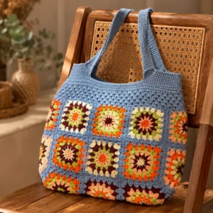 Handgemachte Häkeltasche Celina Hellblau Orange Grün von Elly Living mit buntem Granny-Square-Muster auf Holzstuhl