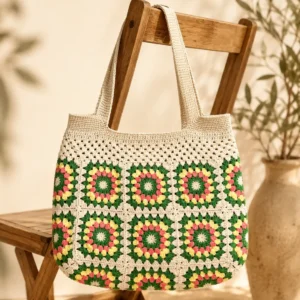 Handgemachte Häkeltasche Meadow Creme Grün Gelb Rosa von Elly Living mit buntem Granny-Square-Muster auf Holzstuhl