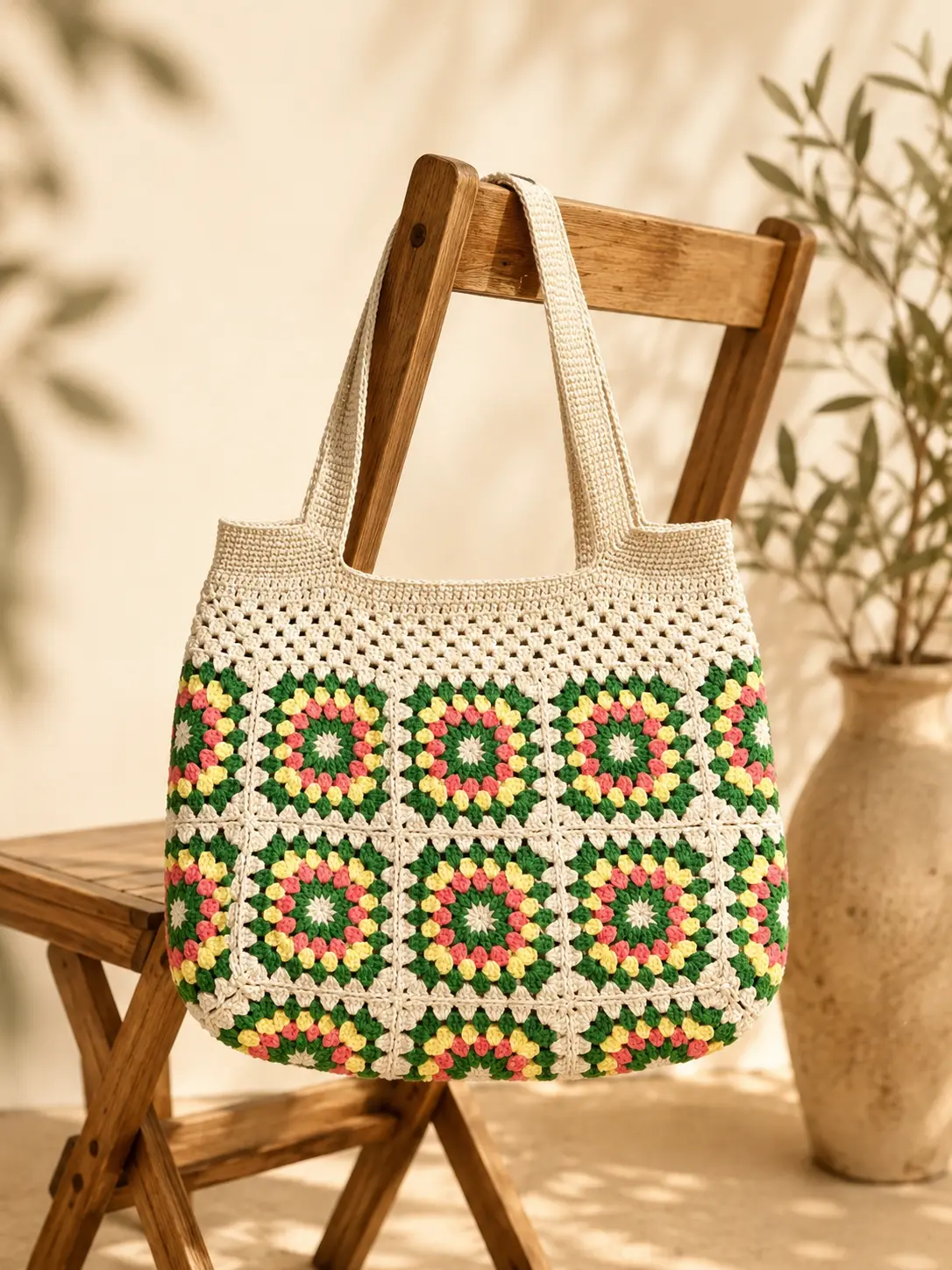 Meadow Creme Grün Gelb Rosa handgemachte Häkeltasche mit Granny Square Muster | Elly Living Handgemachte Häkeltasche Meadow Creme Grün Gelb Rosa von Elly Living mit buntem Granny-Square-Muster auf Holzstuhl