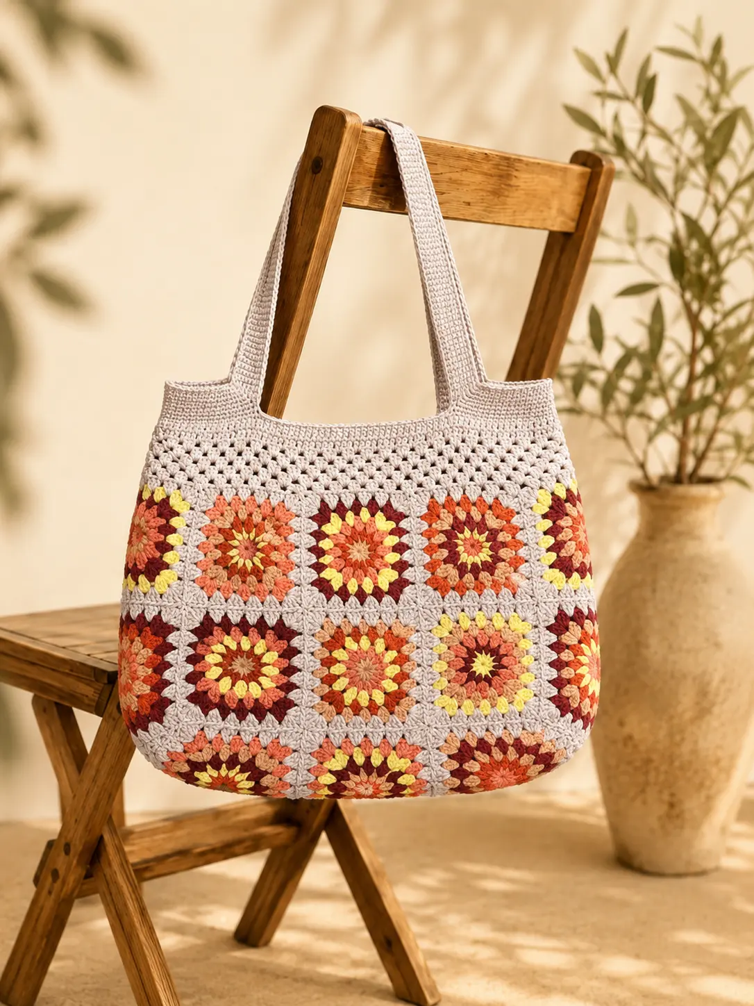 Aurina Creme Apricot Bordeaux handgemachte Häkeltasche mit Granny Square Muster | Elly Living Handgemachte Häkeltasche Aurina Creme Apricot Bordeaux von Elly Living mit buntem Granny-Square-Muster auf Holzstuhl