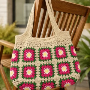 Handgemachte Häkeltasche Juna Creme Pink Grün von Elly Living mit buntem Granny-Square-Muster auf Holzstuhl