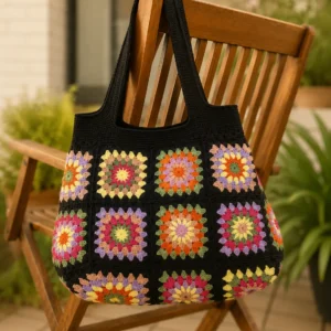 Prisma Schwarz Bunt handgemachte Handgemachte Häkeltasche Prisma Schwarz Bunt von Elly Living mit buntem Granny-Square-Muster auf Holzstuhl