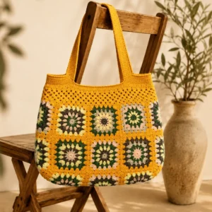 Handgemachte Häkeltasche Zora Gelb Grün Rosa von Elly Living mit buntem Granny-Square-Muster auf Holztisch