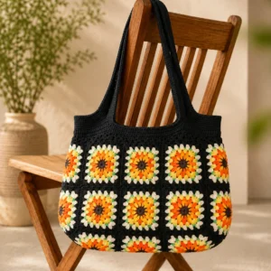 Handgemachte Häkeltasche Onyx Schwarz Orange Gelb von Elly Living mit buntem Granny-Square-Muster auf Holzstuhl