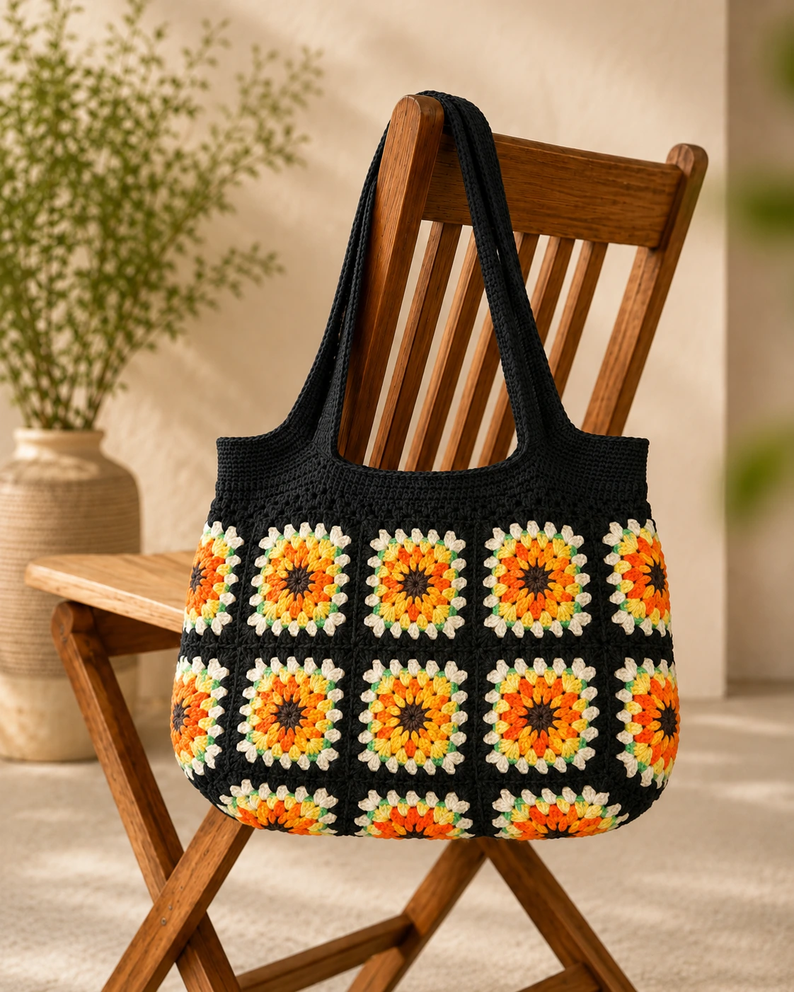 Onyx Schwarz Orange Gelb handgemachte Häkeltasche mit Granny Square Muster | Elly Living Handgemachte Häkeltasche Onyx Schwarz Orange Gelb von Elly Living mit buntem Granny-Square-Muster auf Holzstuhl